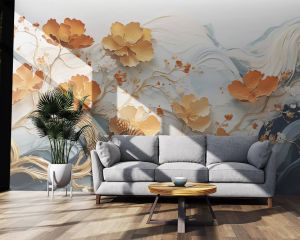 Creme Gold Blossom 4D Mural Wallpaper