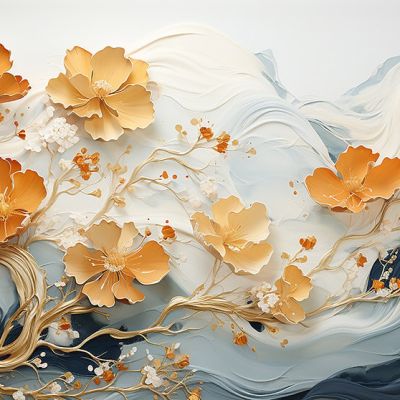 Creme Gold Blossom 4D Mural Wallpaper