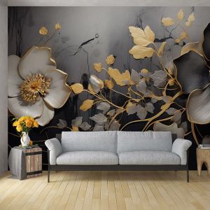 Noir Gold Flora 4D Mural Wallpaper