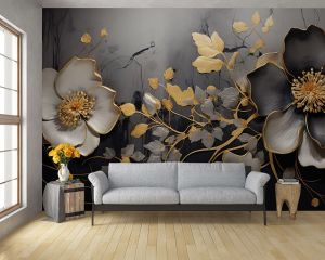 Noir Gold Flora 4D Mural Wallpaper