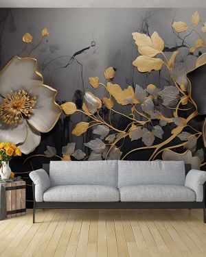 Noir Gold Flora 4D Mural Wallpaper