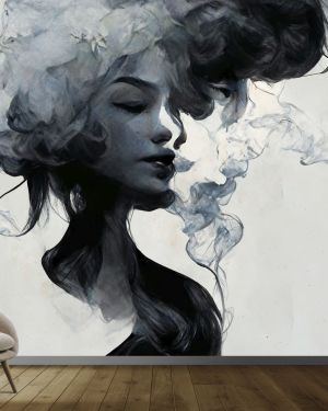 The woman in the smoke on gray background