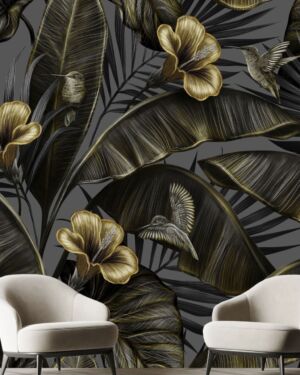 Stick Golden hibiscus flowers vintage palm banana leaves