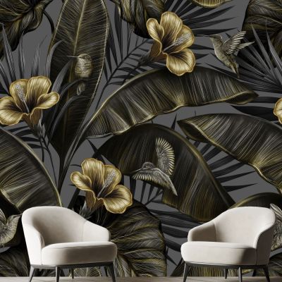 Stick Golden hibiscus flowers vintage palm banana leaves