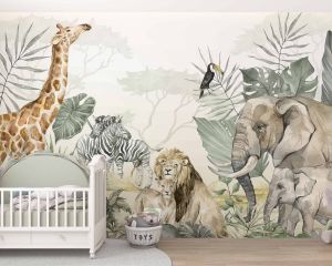 Kids Tropical Animals with Leafs Wallpaper Mural