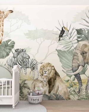 Kids Tropical Animals with Leafs Wallpaper Mural