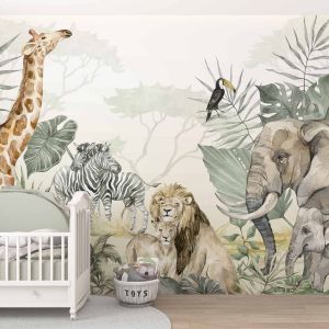 Kids Tropical Animals with Leafs Wallpaper Mural