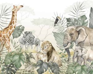 Kids Tropical Animals with Leafs Wallpaper Mural