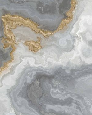 White marble pattern with curly grey and golden veins.