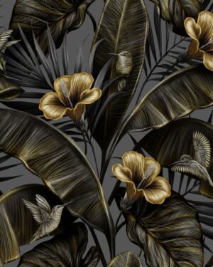 Stick Golden hibiscus flowers vintage palm banana leaves