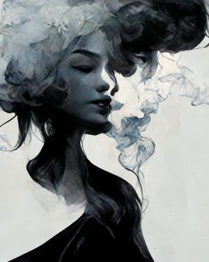 The woman in the smoke on gray background