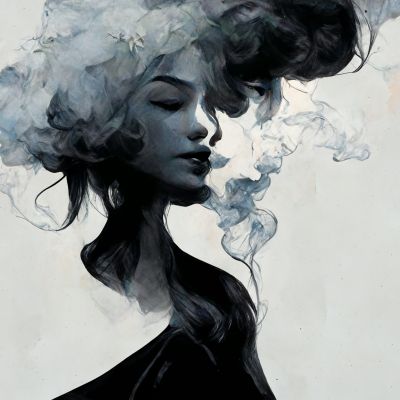 The woman in the smoke on gray background