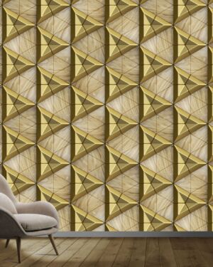 Gold ceramic tiles composite 3D triangles with bevels and simple triangular wood elements