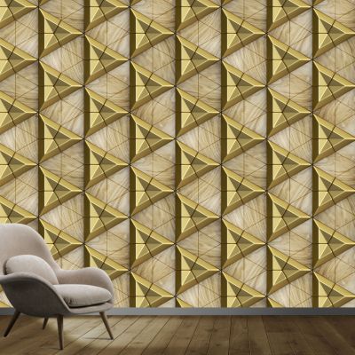 Gold ceramic tiles composite 3D triangles with bevels and simple triangular wood elements