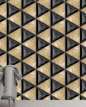 Black ceramic tiles composite 3D triangles with bevels and simple triangular wood elements