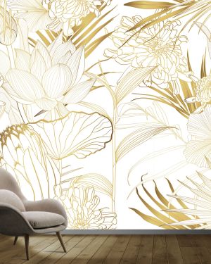 Gilded Botanicals 4D Mural Wallpaper:  Nature’s Elegance in Gold