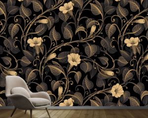 Golden flowers on black background elegant floral