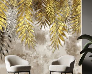 Golden branches tree leaves in drawing mural
