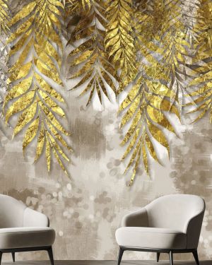 Golden branches tree leaves in drawing mural