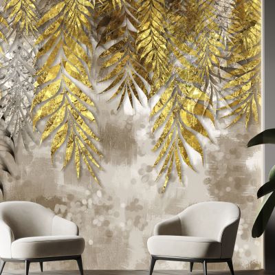 Golden branches tree leaves in drawing mural