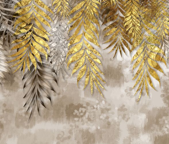 Golden branches tree leaves in drawing mural