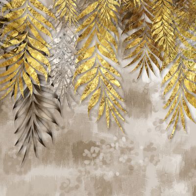 Golden branches tree leaves in drawing mural