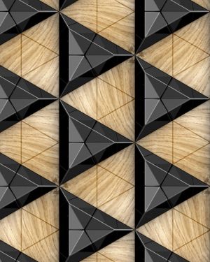 Black ceramic tiles composite 3D triangles with bevels and simple triangular wood elements