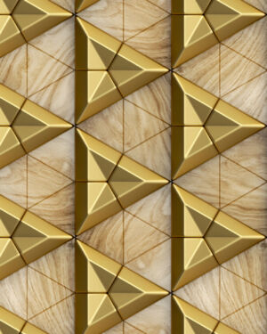 Gold ceramic tiles composite 3D triangles with bevels and simple triangular wood elements