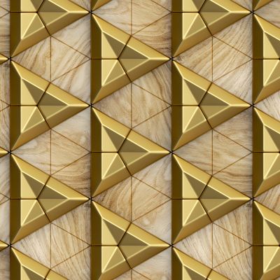 Gold ceramic tiles composite 3D triangles with bevels and simple triangular wood elements