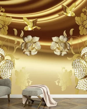 Luxurious Golden Floral 3D Mural Wallpaper | Mourad Artworks Dubai