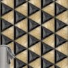 Black ceramic tiles composite 3D triangles with bevels and simple triangular wood elements