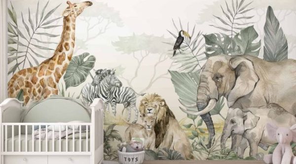 KIDS TROPICAL ANIMALS WITH LEAFS WALLPAPER MURAL